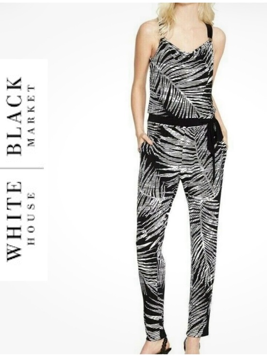 White House Black Market Pants - White House Black Market Black/White Palm Printed Jumpsuit